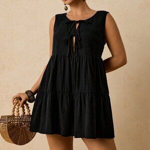 Black Cute Women's Plus Size Cotton Sleeveless Tie Front Mini Dress